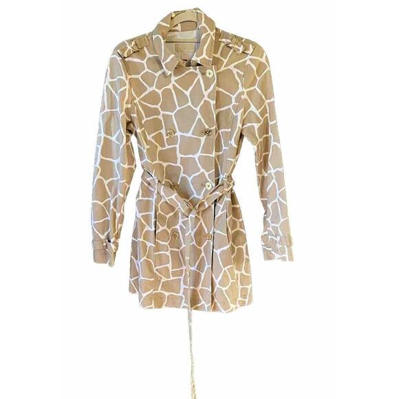 Michael Kors Double Breasted Trench Coat Tan White Mid Length Safari Animal Med - Picture 2 of 16